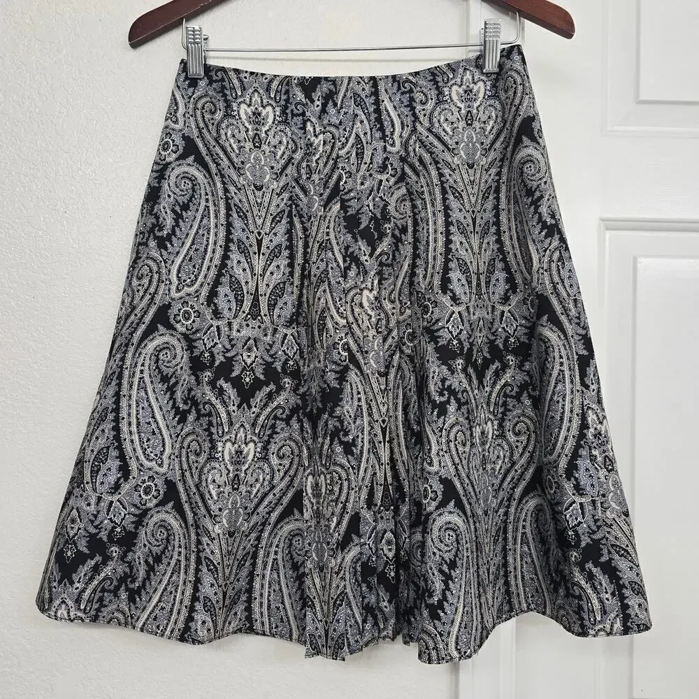 Women's 2P Silk Mini Skirt Black Paisley Print A-Line Pleated Office Waist 28